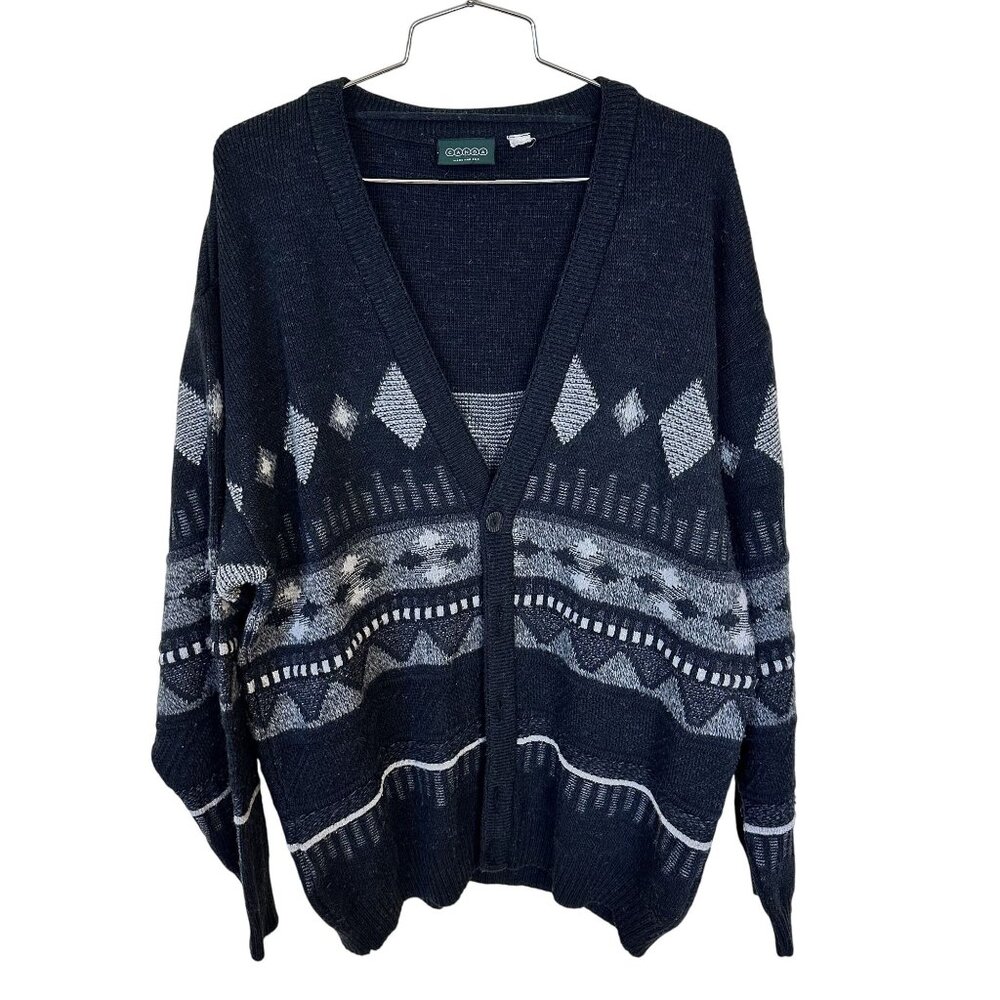 Vintage CANDA Nordic Pattern Cardigan Sweater Grey Geometric Large Wool Blend